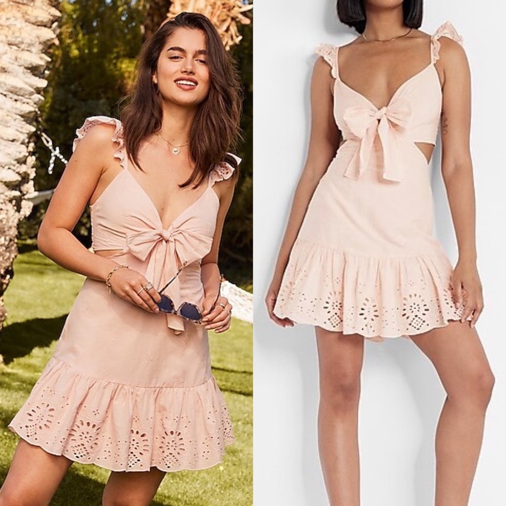 NWT Express Eyelet Embroidered Tie Front Mini Dress Cutout Pale Pink Size XL